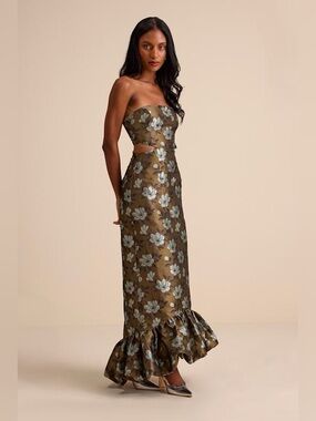 NWT Nathania Olive Floral Jacquard Strapless Bubble-Hem Maxi Dress